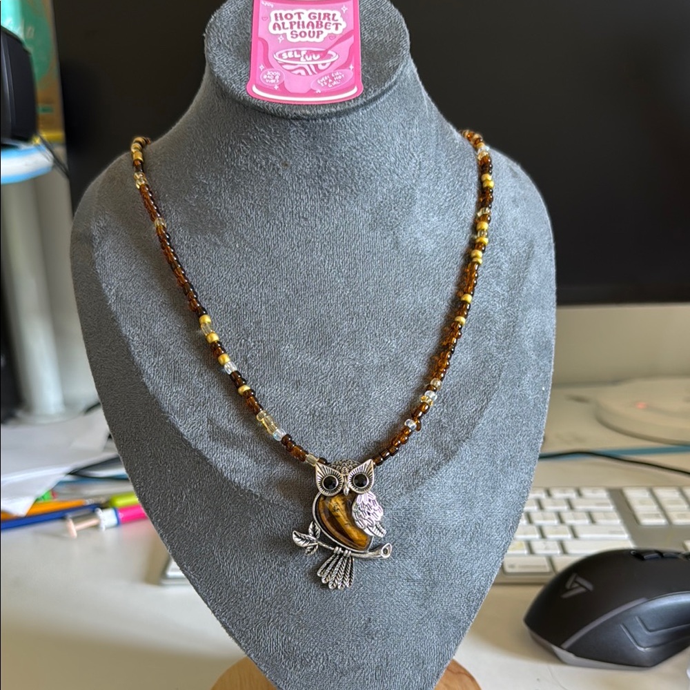 Owl Pendant Beaded Necklace - Brown and Gold